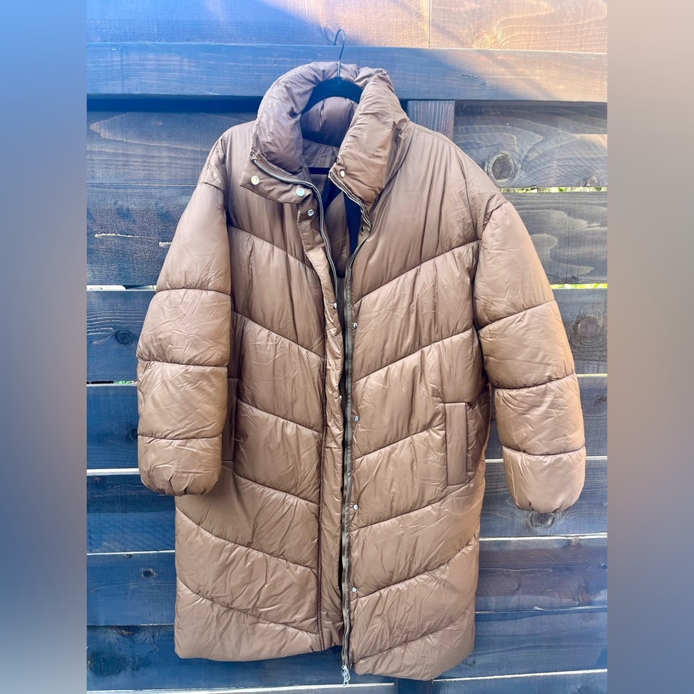 Mango MNG Brown Oversized Padded Puffer Quilted Long Coat